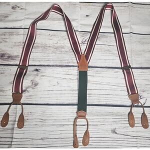 Vintage Polo By Ralph Lauren Red Striped Suspenders Leather Brass Made In USA